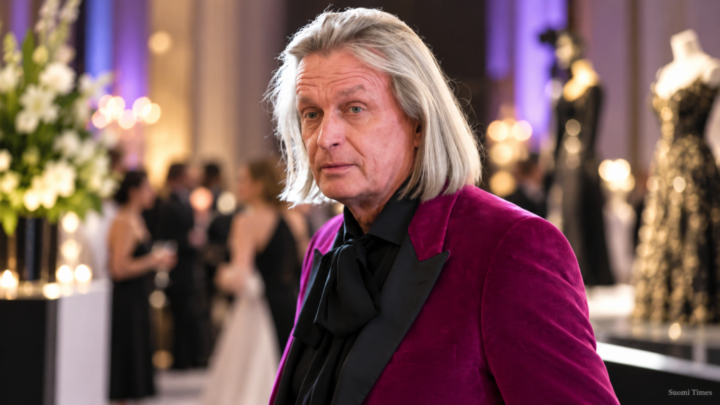 Jukka Rintalan tyylikkäästi viininpunaisessa takissa muotitapahtumassa, taustalla juhlayleisö ja näyttävät asut.