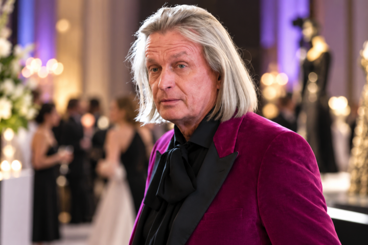 Jukka Rintalan tyylikkäästi viininpunaisessa takissa muotitapahtumassa, taustalla juhlayleisö ja näyttävät asut.