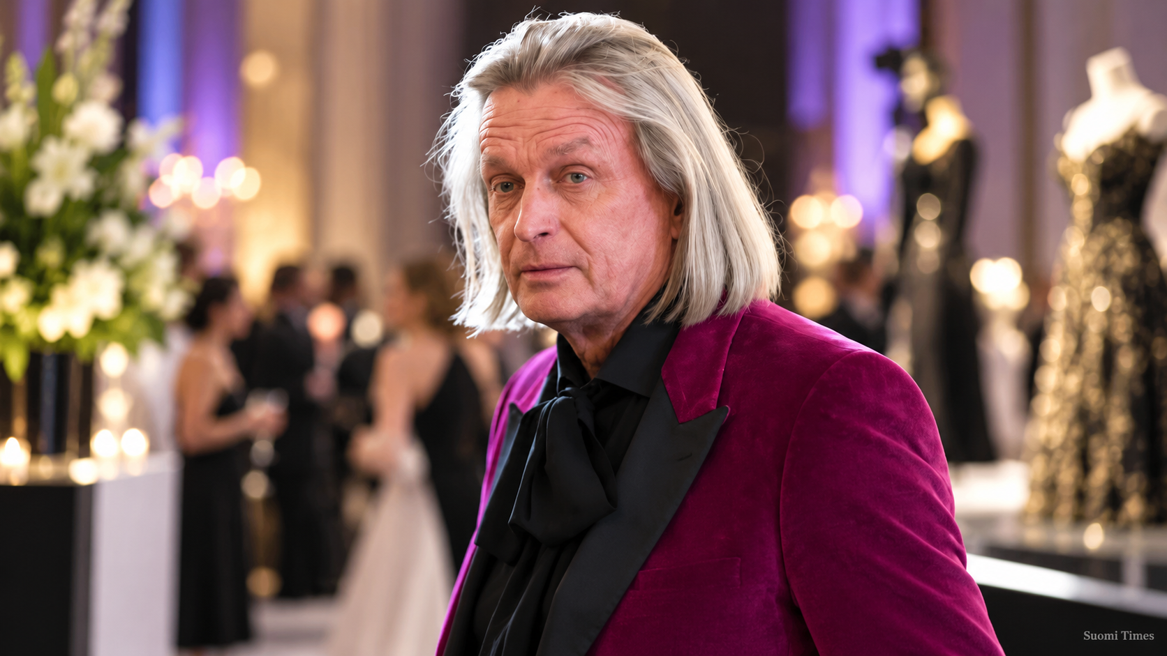 Jukka Rintalan tyylikkäästi viininpunaisessa takissa muotitapahtumassa, taustalla juhlayleisö ja näyttävät asut.