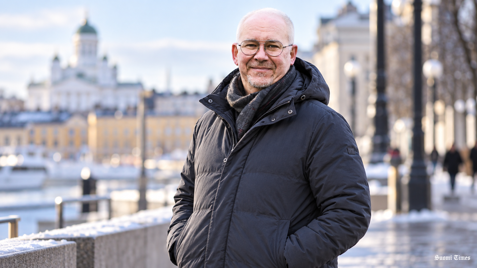 Mika Saarelainen poseeraa talvisessa Helsingin kaupunkimaisemassa lämpimään takkiin ja huiviin pukeutuneena.