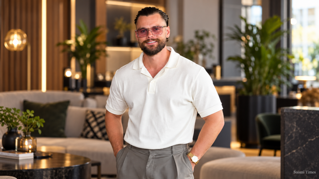 Arttu Kilpeläinen poseeraa valkoisessa poolopaidassa, harmaissa housuissa ja silmälaseissa tyylikkäässä sisätilassa, jossa näkyvät modernit huonekalut ja lämmin tunnelmavalaistus.