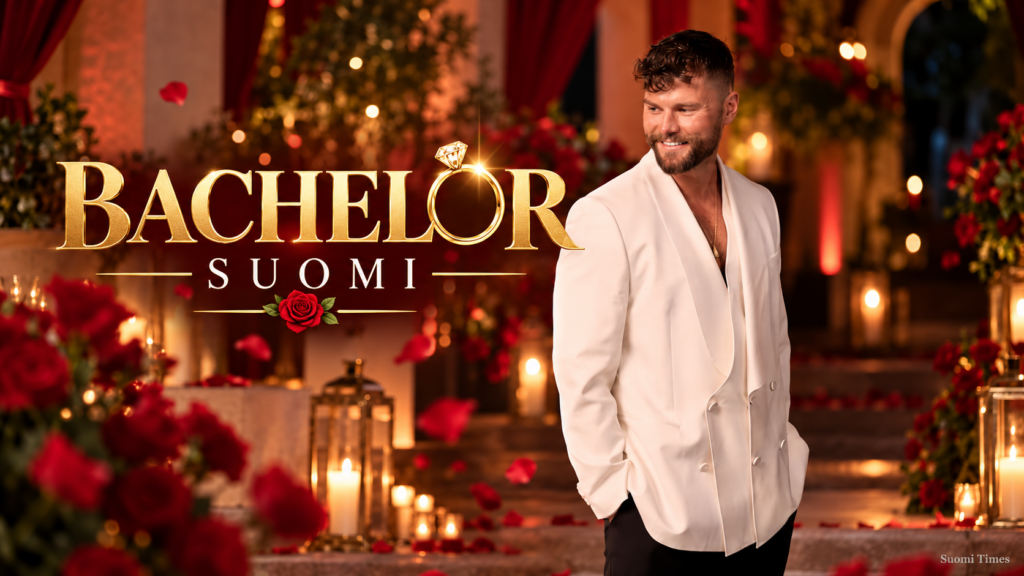 Arttu Kilpeläinen poseeraa valkoisessa puvuntakissa Bachelor Suomi -ohjelman romanttisessa ympäristössä, jossa näkyvät punaiset ruusut, kynttilät ja kultainen Bachelor Suomi -logo.