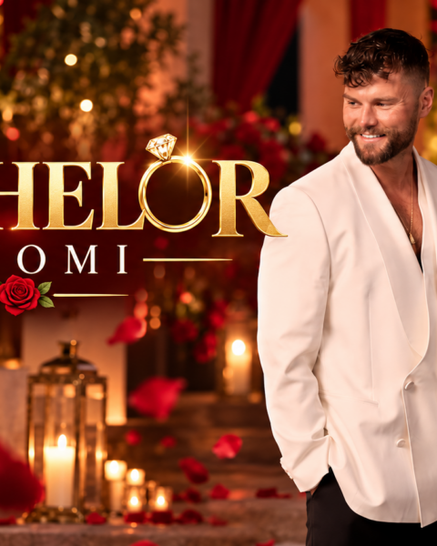 Arttu Kilpeläinen poseeraa valkoisessa puvuntakissa Bachelor Suomi -ohjelman romanttisessa ympäristössä, jossa näkyvät punaiset ruusut, kynttilät ja kultainen Bachelor Suomi -logo.