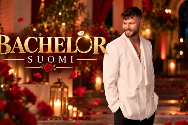 Arttu Kilpeläinen poseeraa valkoisessa puvuntakissa Bachelor Suomi -ohjelman romanttisessa ympäristössä, jossa näkyvät punaiset ruusut, kynttilät ja kultainen Bachelor Suomi -logo.
