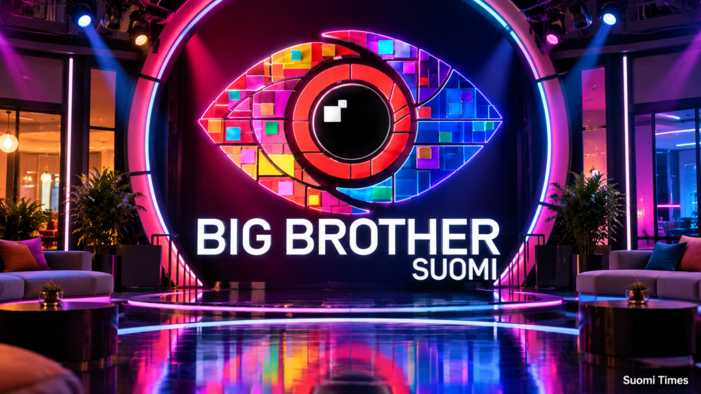Big Brother Suomi -ohjelman värikäs silmälogo ja ohjelman nimi näyttävällä televisiostudiolla, jossa loistavat punaiset, siniset ja violetit neonvalot.