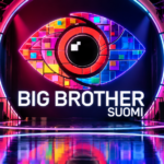 Big Brother Suomi -ohjelman värikäs silmälogo ja ohjelman nimi näyttävällä televisiostudiolla, jossa loistavat punaiset, siniset ja violetit neonvalot.