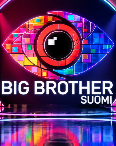 Big Brother Suomi -ohjelman värikäs silmälogo ja ohjelman nimi näyttävällä televisiostudiolla, jossa loistavat punaiset, siniset ja violetit neonvalot.