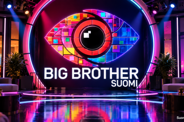 Big Brother Suomi -ohjelman värikäs silmälogo ja ohjelman nimi näyttävällä televisiostudiolla, jossa loistavat punaiset, siniset ja violetit neonvalot.