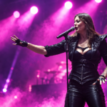 Nightwish-yhtyeen laulaja Floor Jansen esiintyy lavalla mustassa asussa kirkkaiden violettien ja pinkkien konserttivalojen loisteessa.