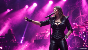 Nightwish-yhtyeen laulaja Floor Jansen esiintyy lavalla mustassa asussa kirkkaiden violettien ja pinkkien konserttivalojen loisteessa.