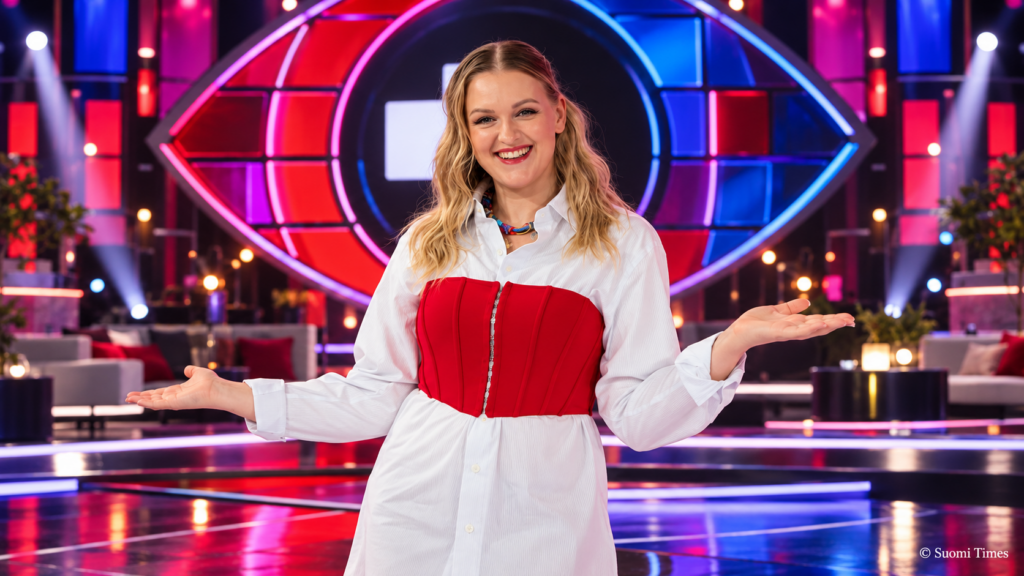 Jenni Poikelus poseeraa Big Brother Suomen uutena juontajana värikkäällä studiolla, taustallaan ohjelman tunnusomainen silmälogo ja näyttävät punasiniset lavavalot.