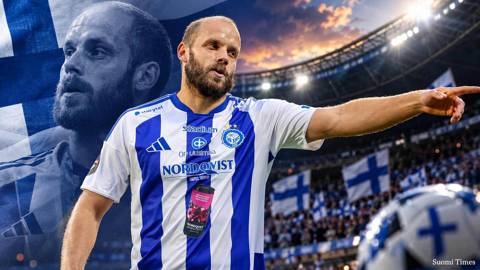 Teemu Pukki HJK:n sinivalkoisessa pelipaidassa osoittaa kentällä joukkuetovereilleen suuntaa. Taustalla näkyvät jalkapallostadion, kannattajat ja Suomen liput.