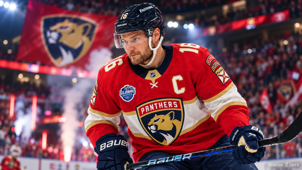 Aleksander Barkov Florida Panthersin kapteenina jäällä punaisessa pelipaidassa.