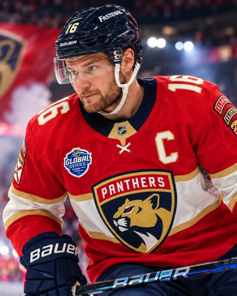 Aleksander Barkov Florida Panthersin kapteenina jäällä punaisessa pelipaidassa.
