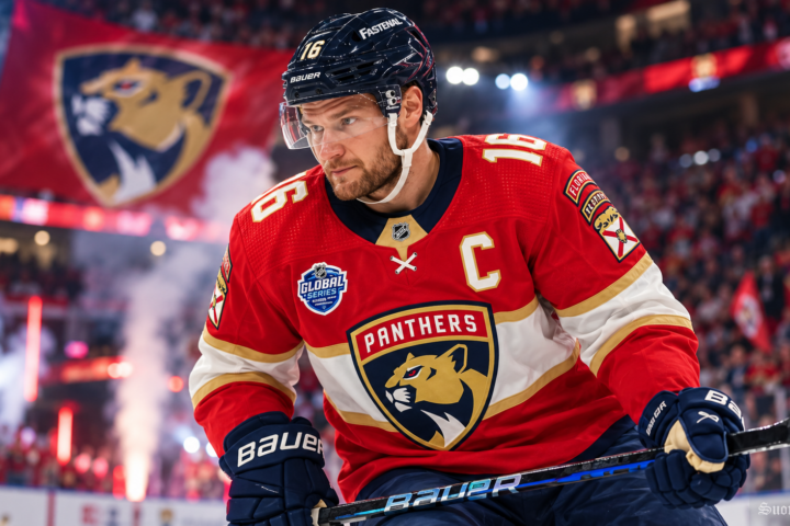 Aleksander Barkov Florida Panthersin kapteenina jäällä punaisessa pelipaidassa.