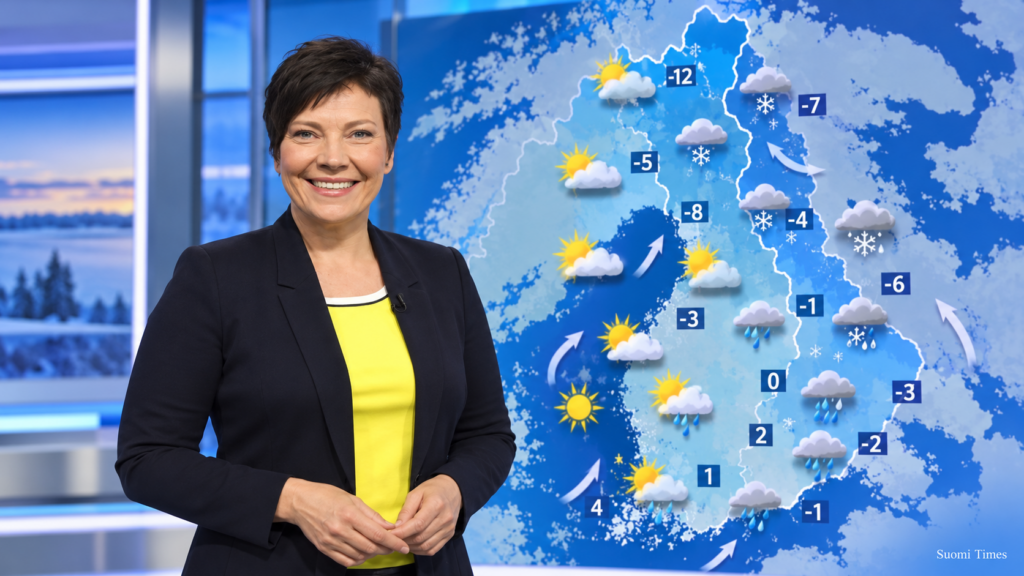Meteorologi Anne Borgström esittelee Suomen sääennustetta studiossa värikkään sääkartan edessä.