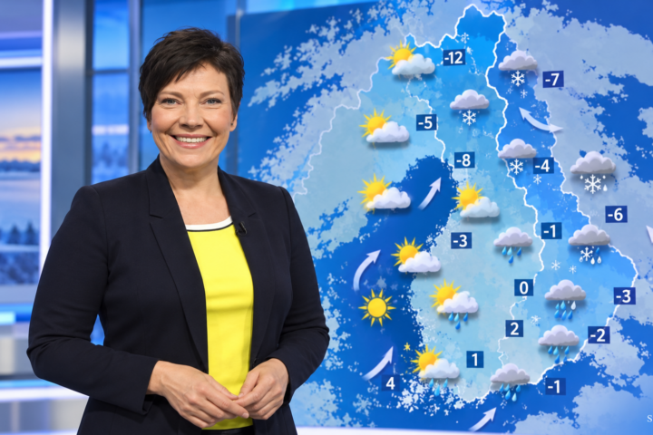Meteorologi Anne Borgström esittelee Suomen sääennustetta studiossa värikkään sääkartan edessä.