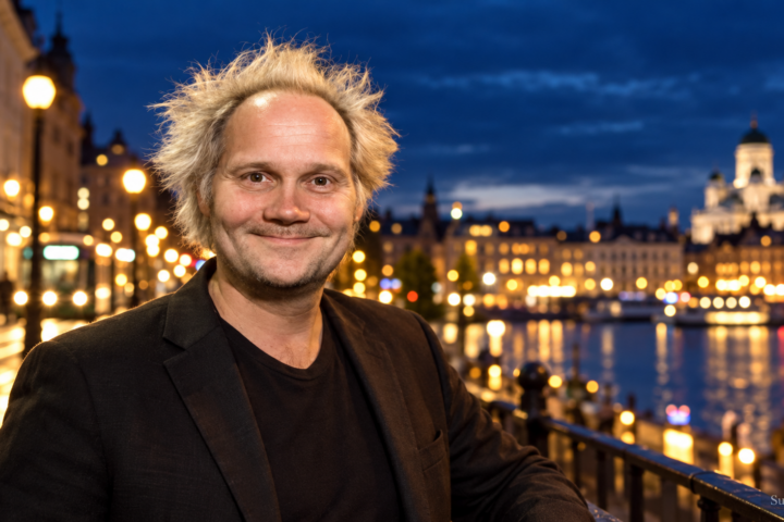 Jani Halme hymyilee Helsingin iltavalaistulla rantakadulla kaupungin valojen loistaessa taustalla.