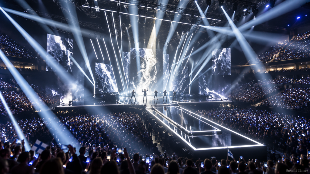 UMK 2027 -finaalin näyttävä konserttilava Nokia Arenalla Tampereella suuren yleisön ja kirkkaiden valojen keskellä.