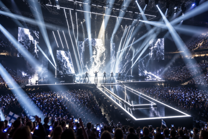UMK 2027 -finaalin näyttävä konserttilava Nokia Arenalla Tampereella suuren yleisön ja kirkkaiden valojen keskellä.