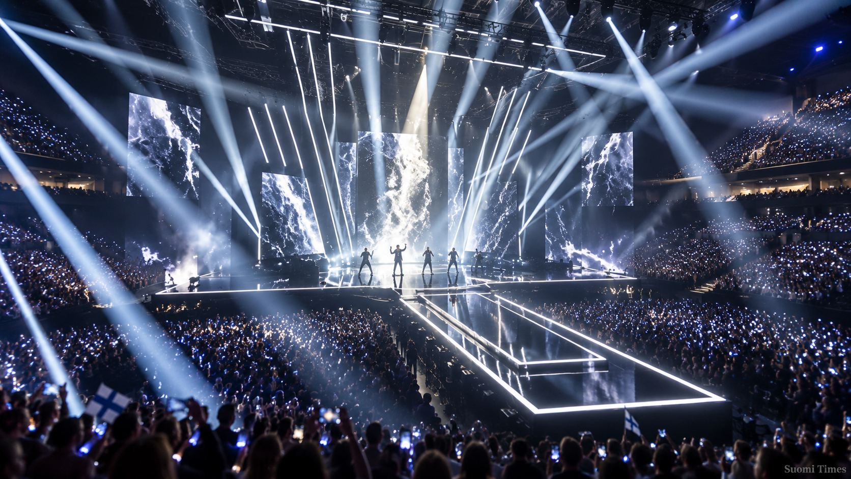 UMK 2027 -finaalin näyttävä konserttilava Nokia Arenalla Tampereella suuren yleisön ja kirkkaiden valojen keskellä.